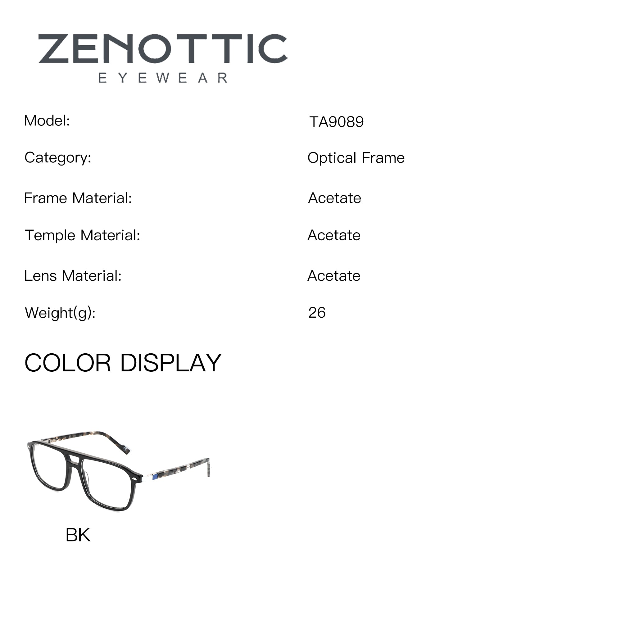 ZENOTTIC TA9089 black acetate optical frame with clear lenses and patterned temples