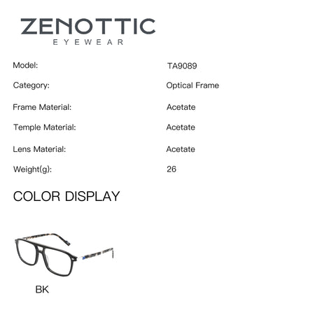 ZENOTTIC TA9089 black acetate optical frame with clear lenses and patterned temples