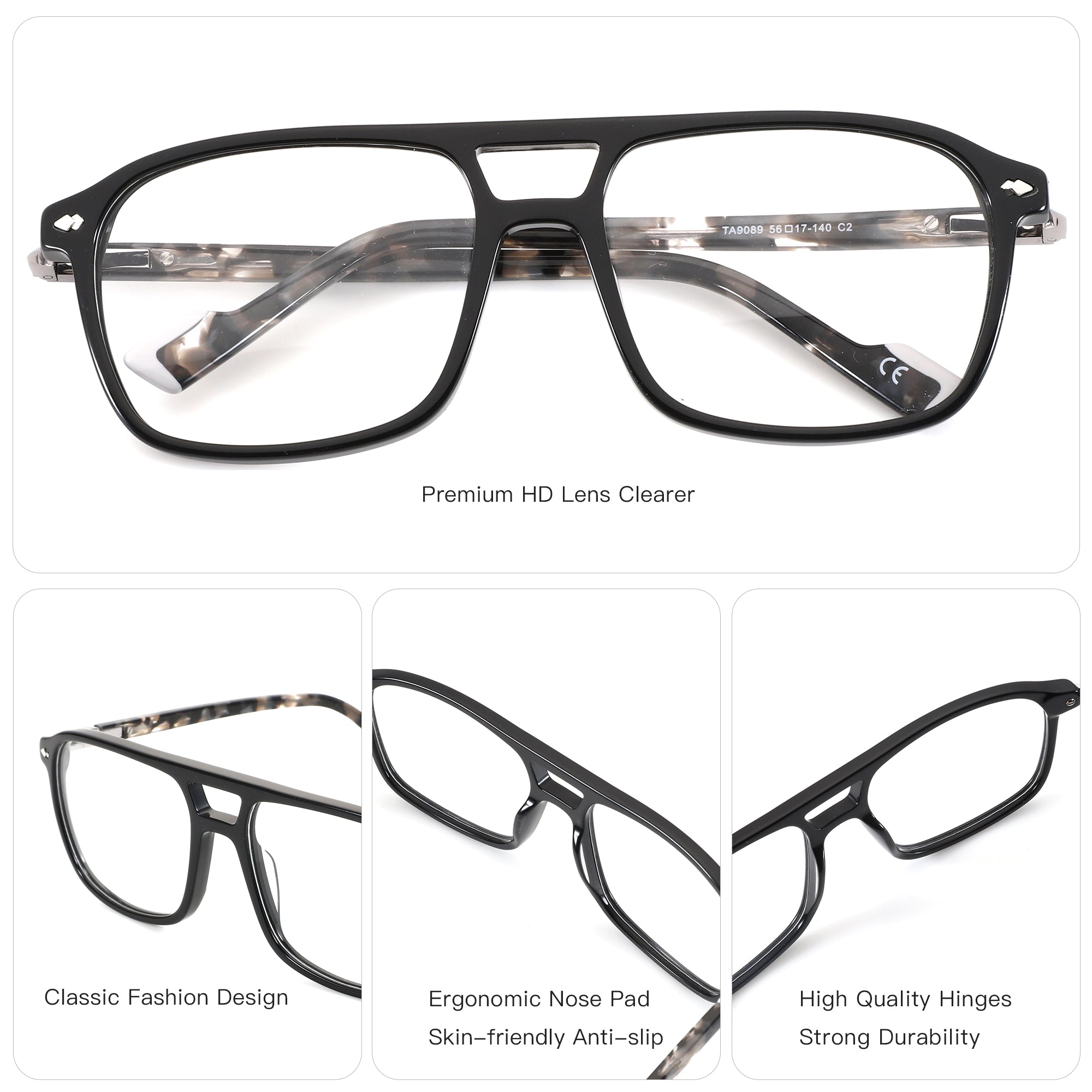 Black acetate retro aviator eyeglasses with clear lens and premium HD lens clearer