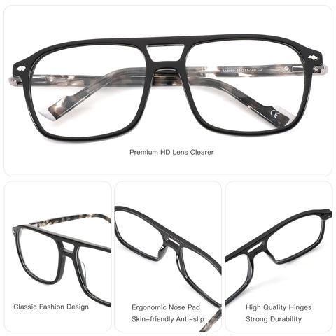 Black acetate retro aviator eyeglasses with clear lens and premium HD lens clearer