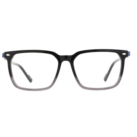 Black square acetate eyeglasses with clear lenses and blue temple accents