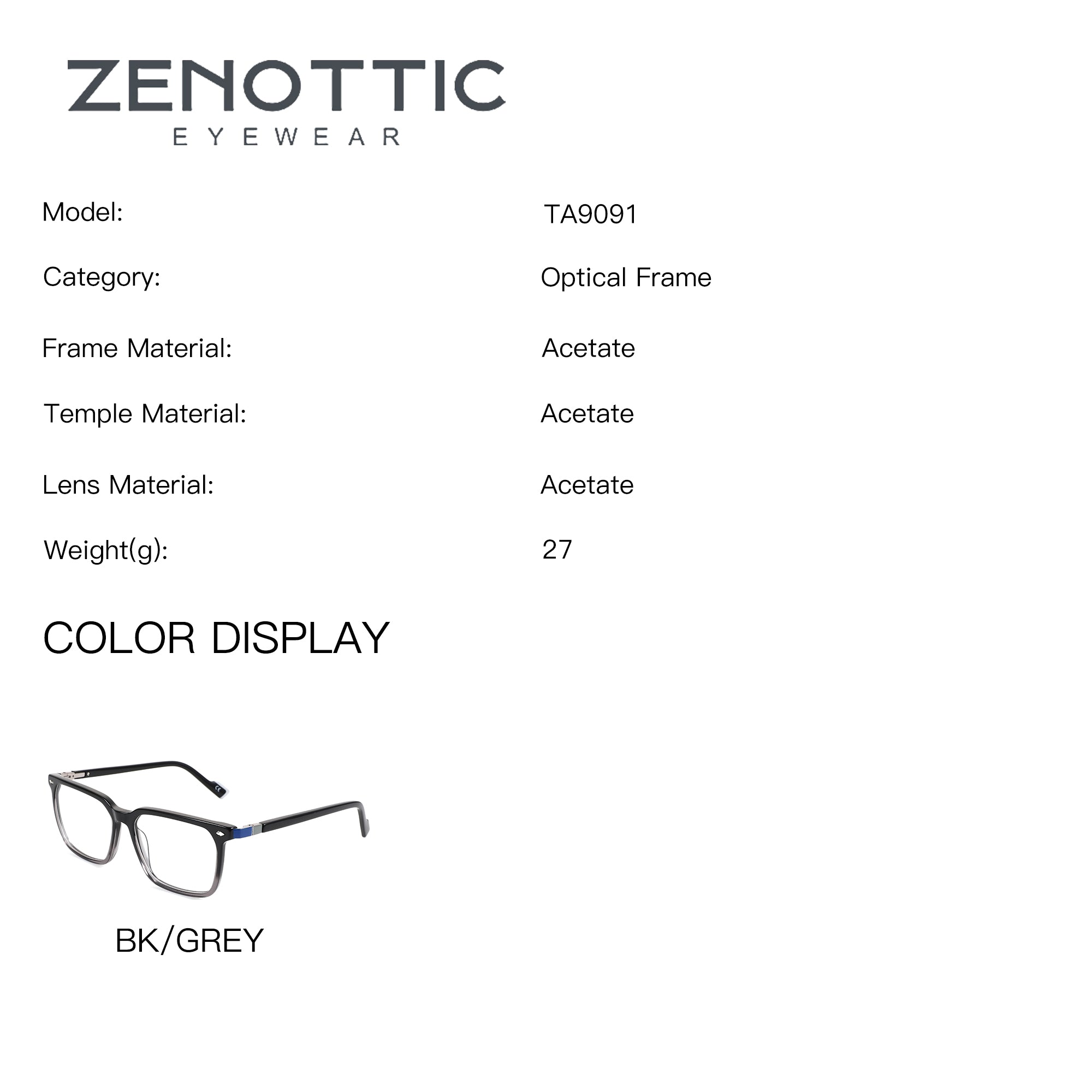 ZENOTTIC Rutherford black grey acetate square eyeglasses, model TA9091