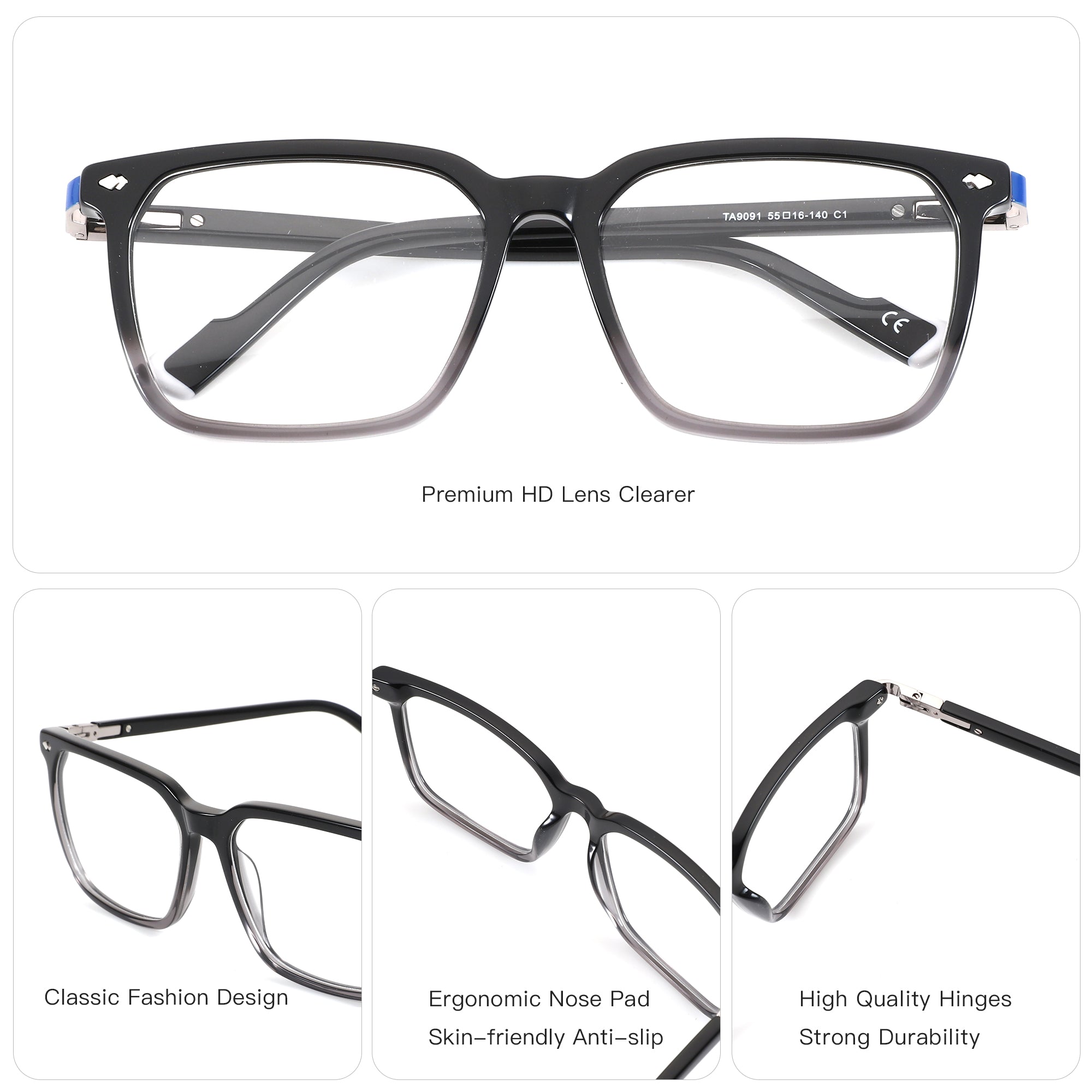 Zenottic Rutherford square acetate eyeglasses with black-to-gray frame and clear lenses