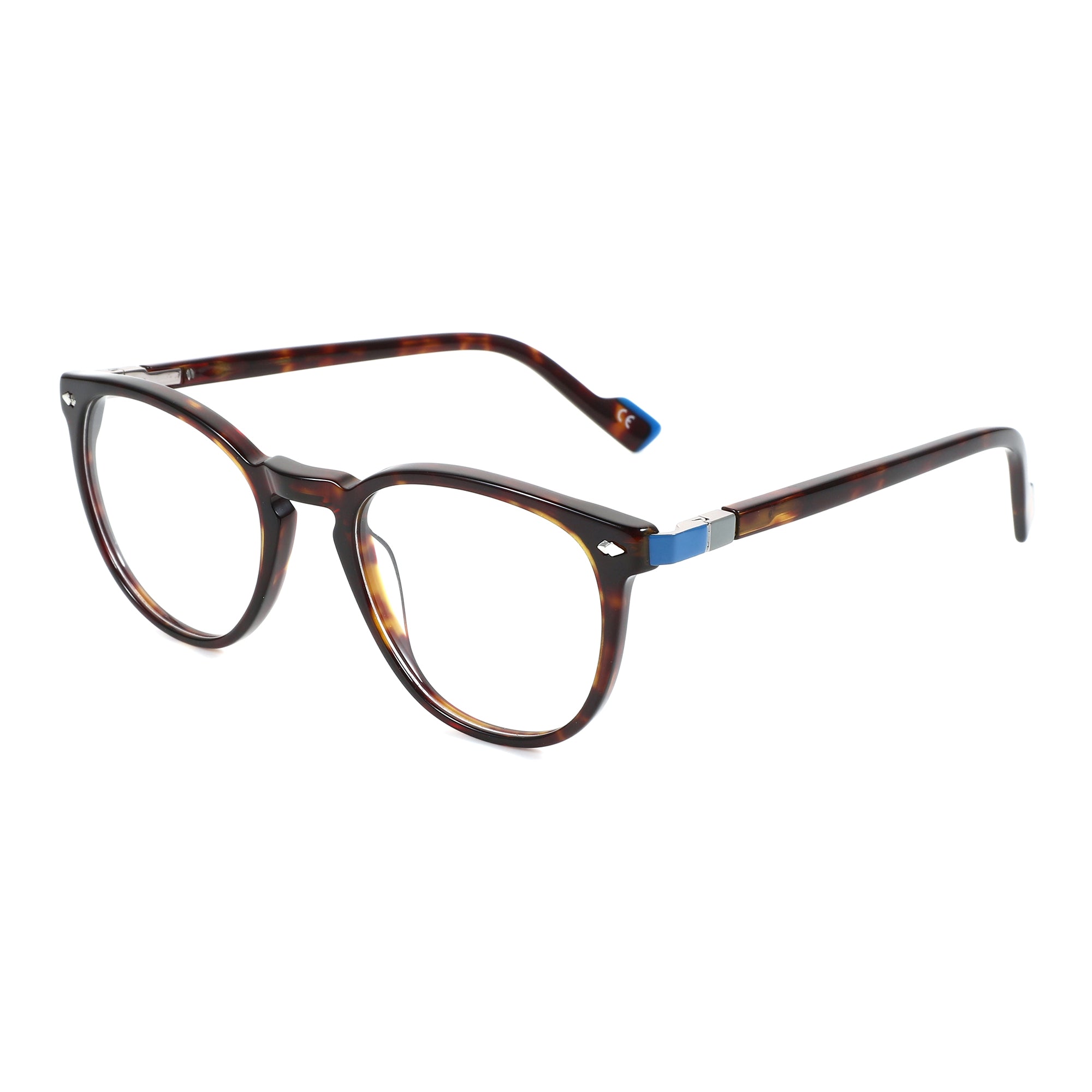 Zenottic round acetate eyeglasses in tortoiseshell with blue accents