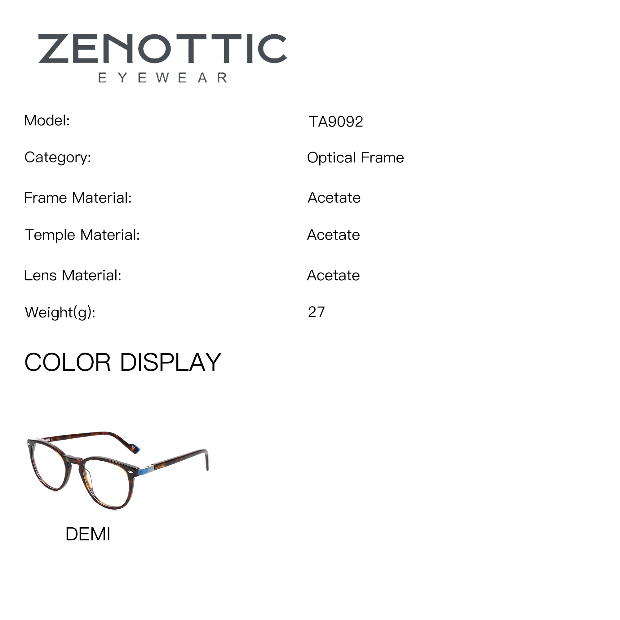 ZENOTTIC TA9092 demi acetate round optical frame eyeglasses