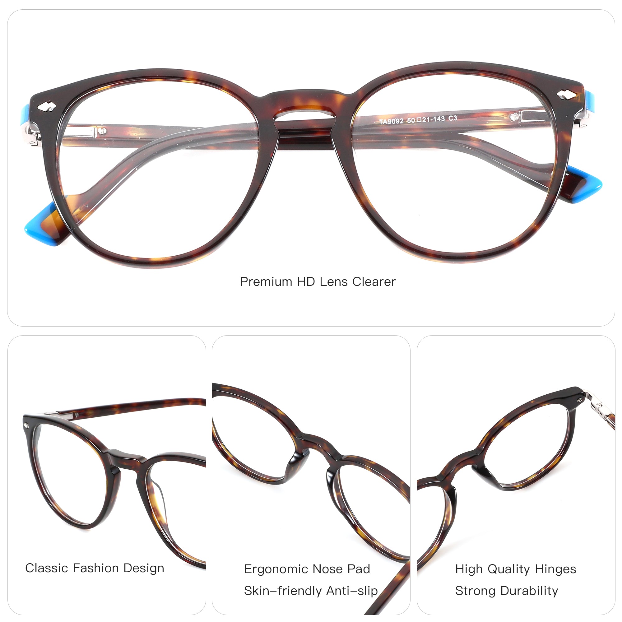 Zenottic round acetate eyeglasses in tortoiseshell with clear lenses and blue temple tips