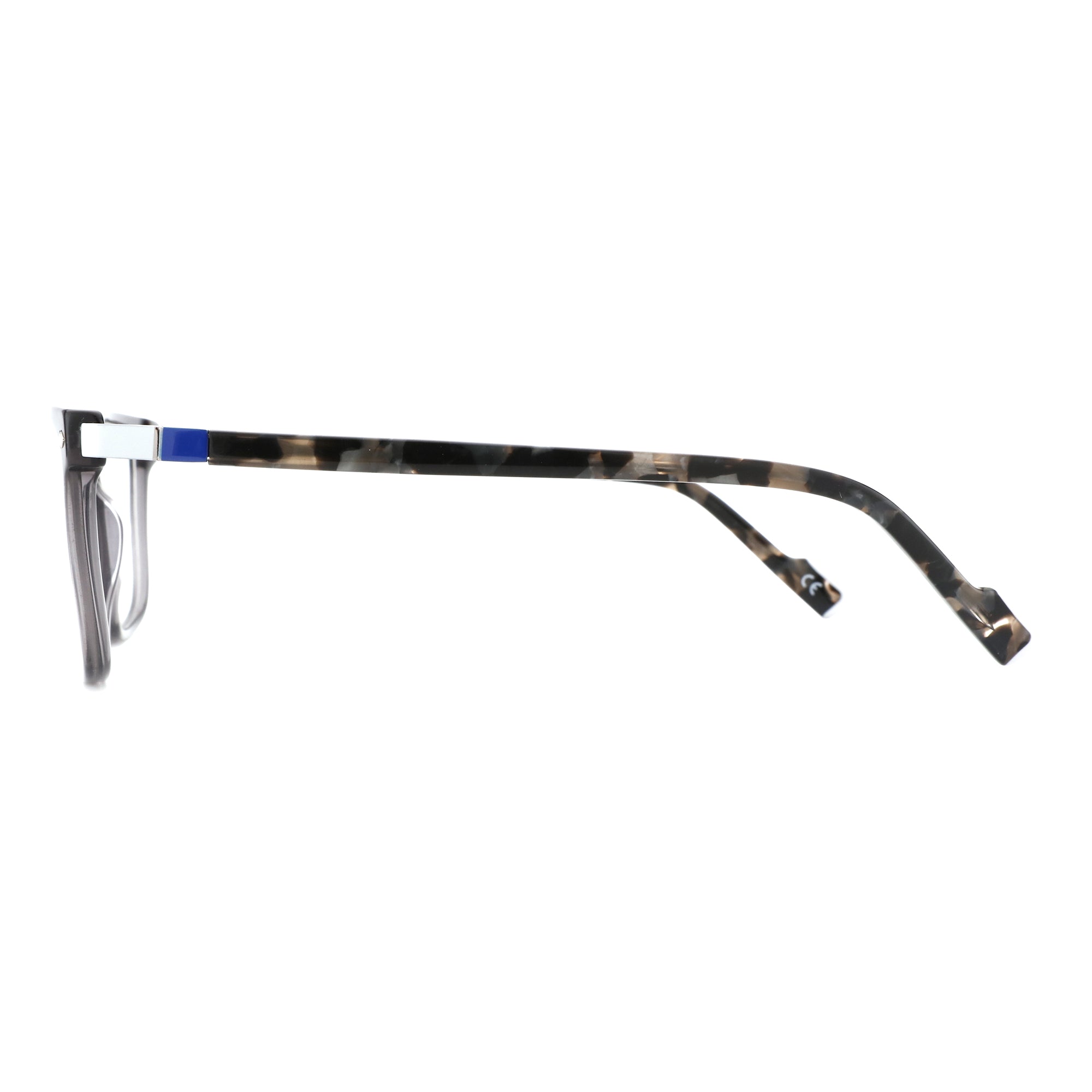 Zenottic acetate square eyeglasses side view with tortoiseshell temple and blue accent