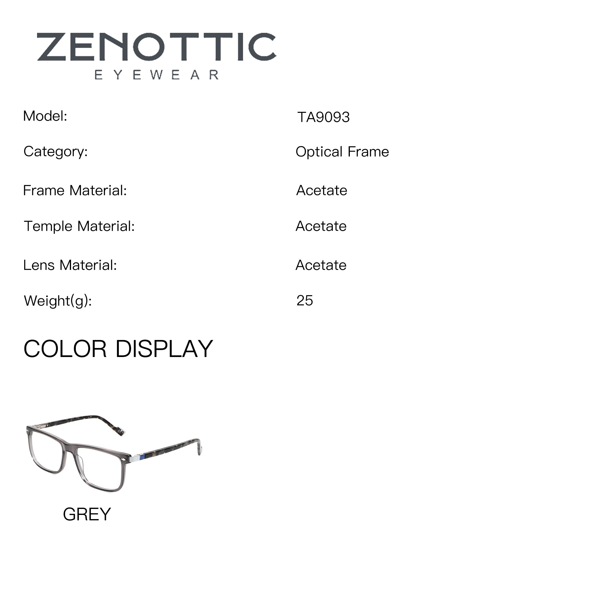 Grey acetate square eyeglasses with clear lenses, Zenottic Sanderson model TA9093