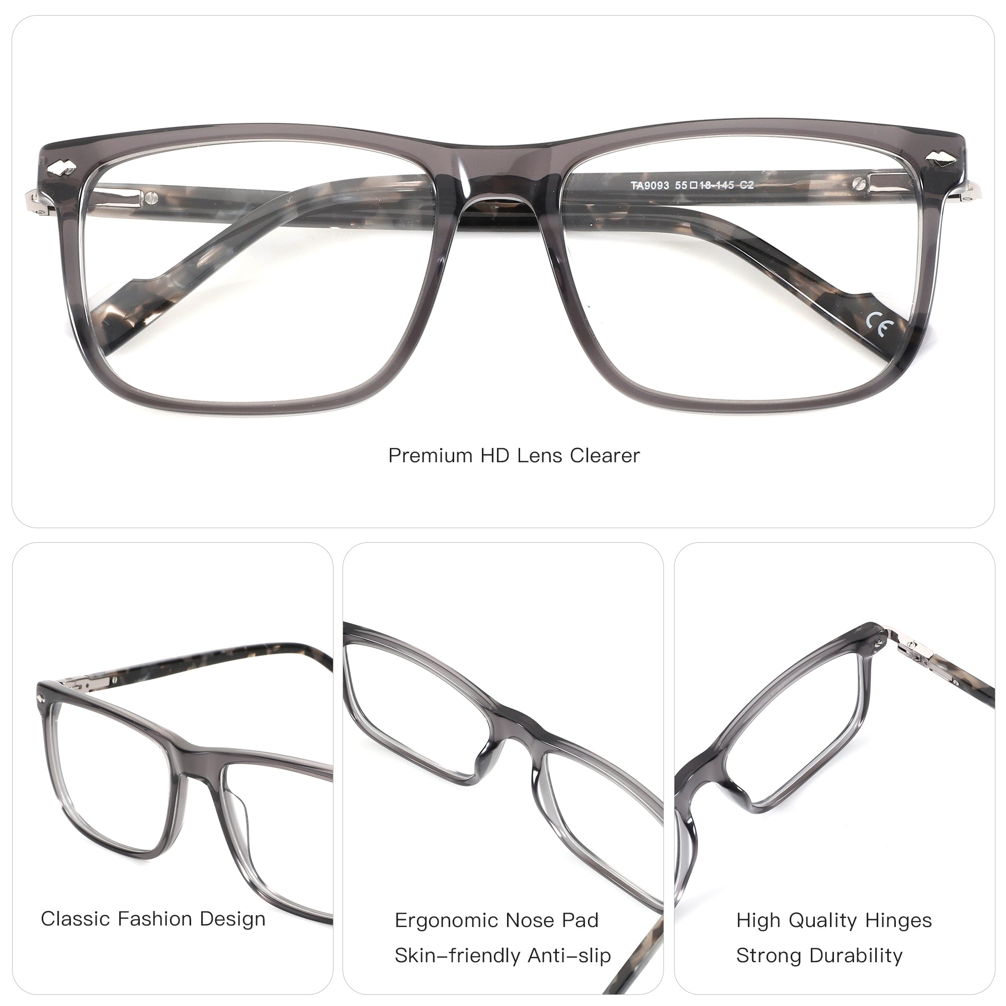Zenottic square acetate eyeglasses, gray frame, clear demo lenses