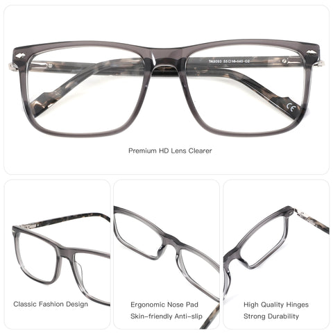 Zenottic square acetate eyeglasses, gray frame, clear demo lenses