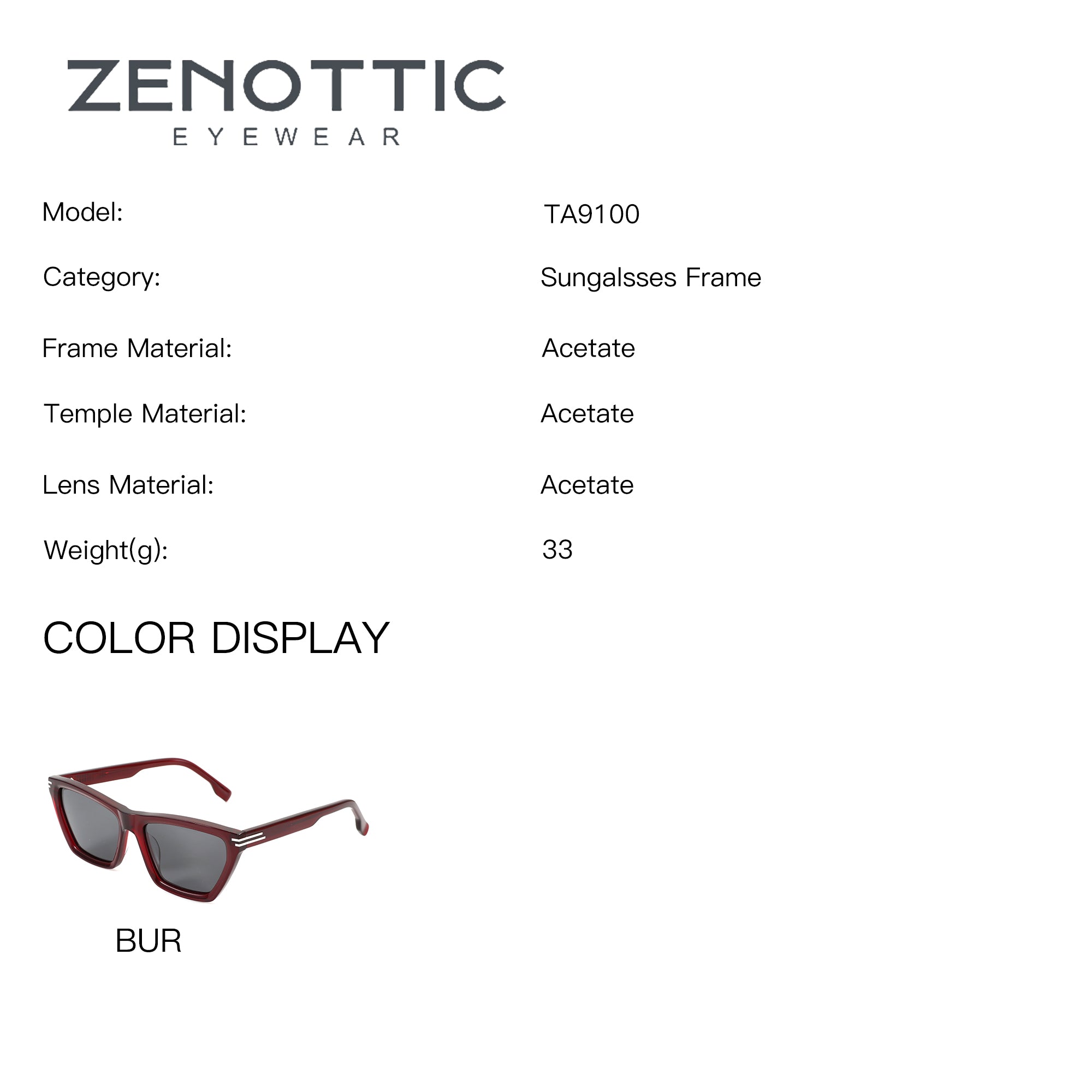 Zenottic burgundy acetate cat eye sunglasses with gray lenses, model TA9100