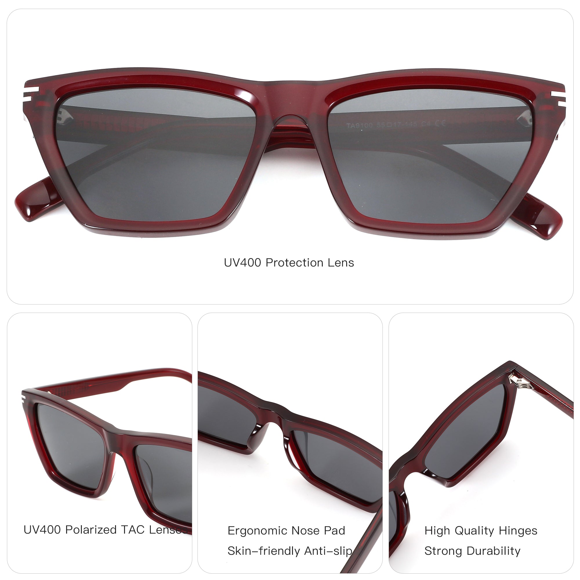 Burgundy cat eye sunglasses with gray UV400 TAC lenses, acetate frame and strong hinges