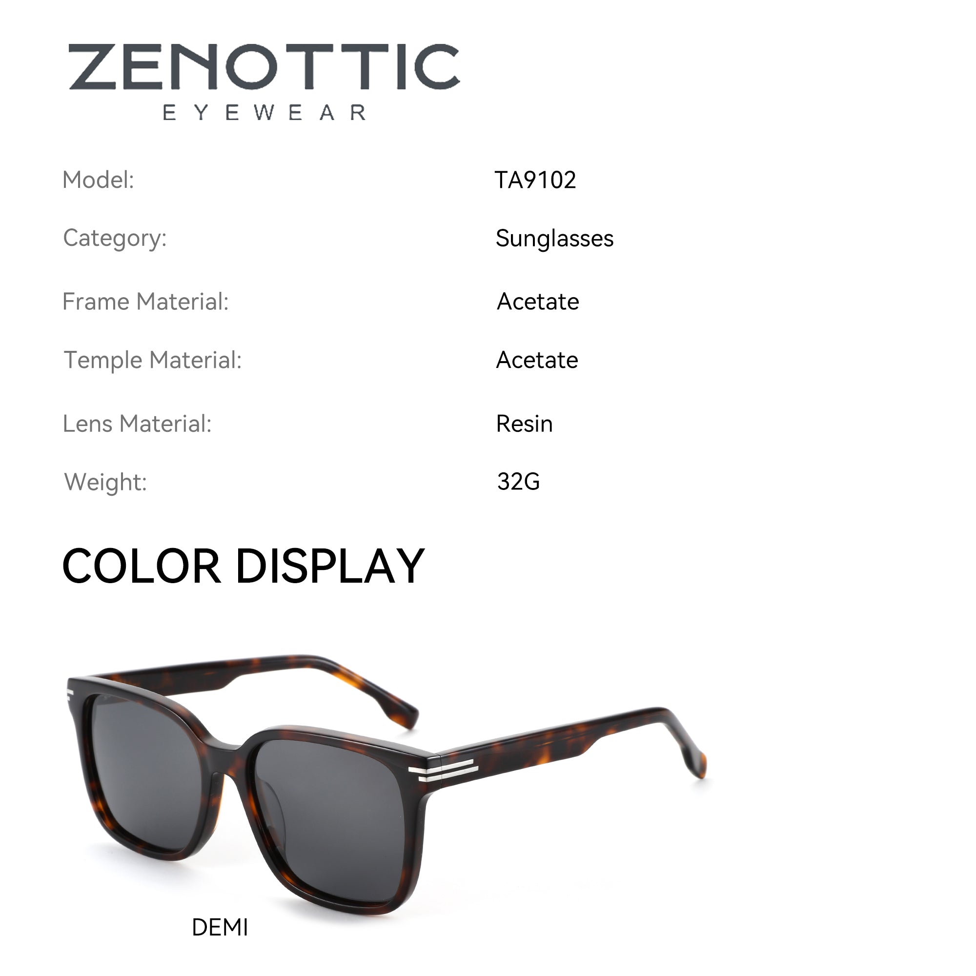 Zenottic Capps sunglasses in Demi color with acetate frame, model TA9102, square style.