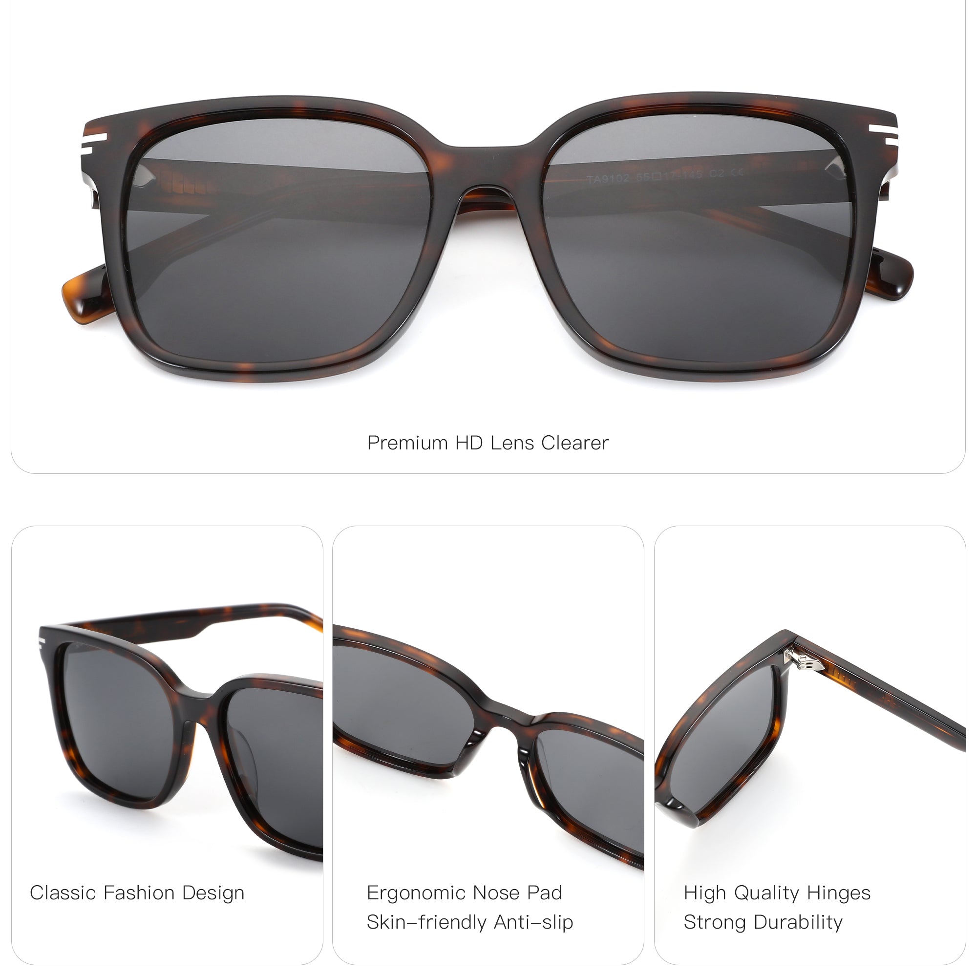 Zenottic Capps square sunglasses with tortoise acetate frame, UV protection and clear HD lenses