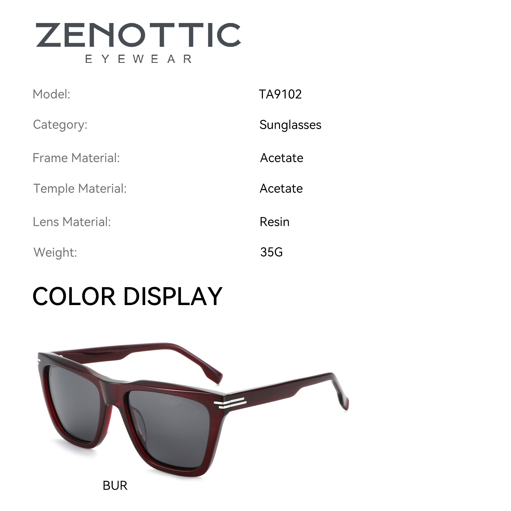 Zenottic Yanely Sunglasses, model TA9102, Bur color acetate frame and temples, resin lenses, lightweight 35G.