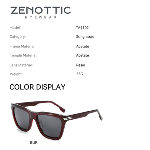 Zenottic Yanely Sunglasses, model TA9102, Bur color acetate frame and temples, resin lenses, lightweight 35G.