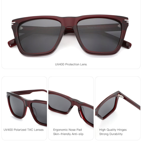 Zenottic Yanely sunglasses with UV400 protection, square acetate frame in a dark red color