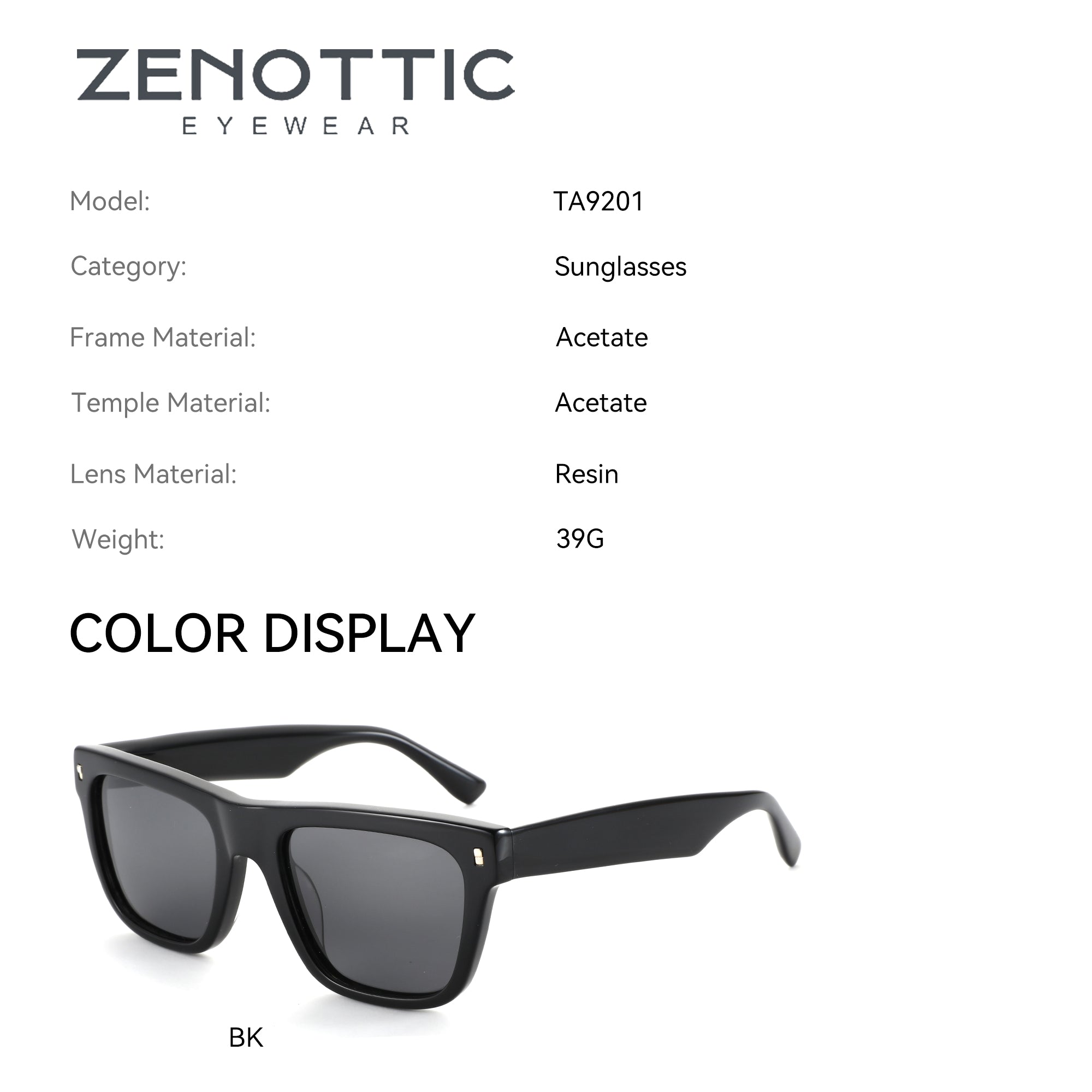 Zenottic Hankins Sunglasses - Black Acetate Frame, Resin Lenses. Model TA9201, color BK.