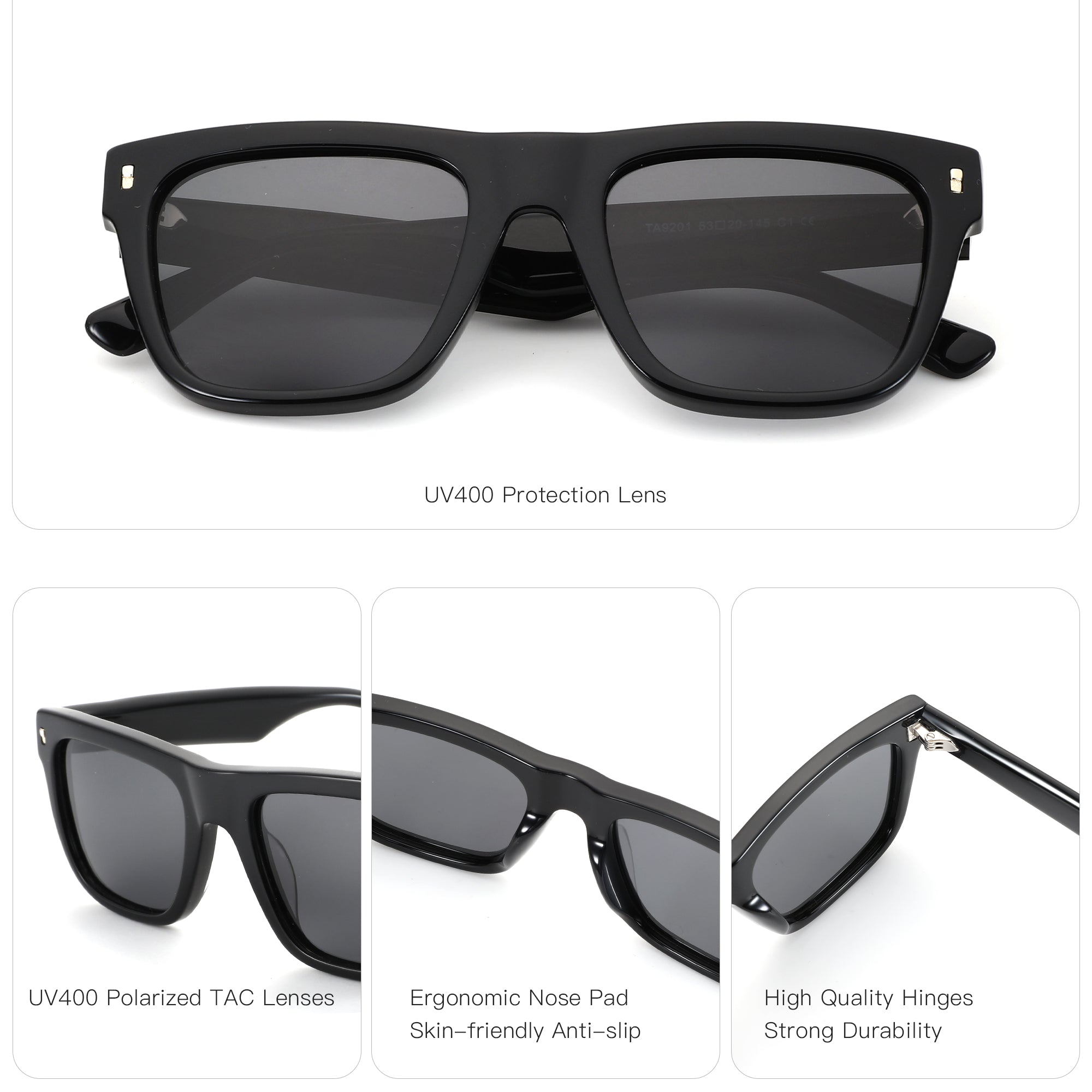 Zenottic Hankins sunglasses with black acetate frame and grey lenses, UV400 protection, square style