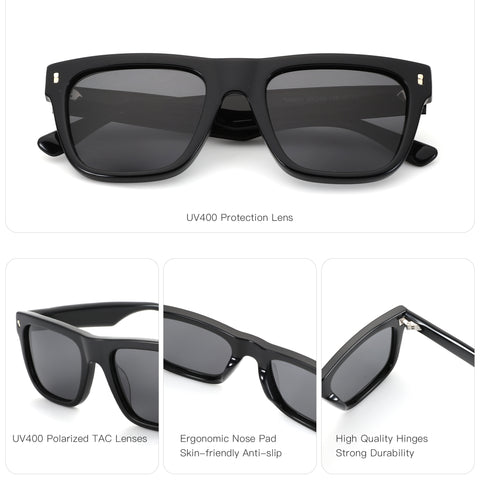 Zenottic Hankins sunglasses with black acetate frame and grey lenses, UV400 protection, square style