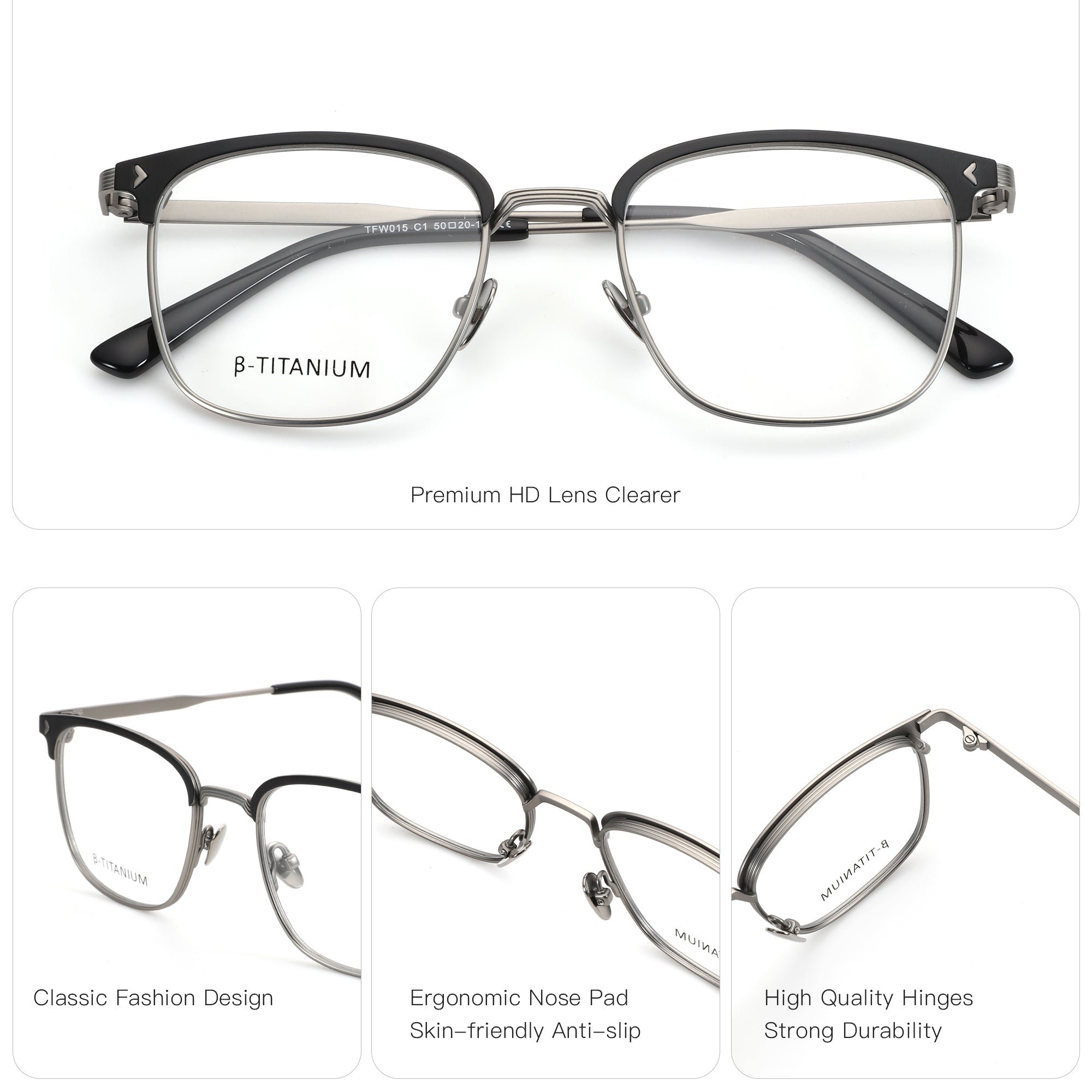 Zenottic Quetzal eyeglasses with black upper frame, silver B-Titanium frame, ergonomic nose pads, and durable hinges.