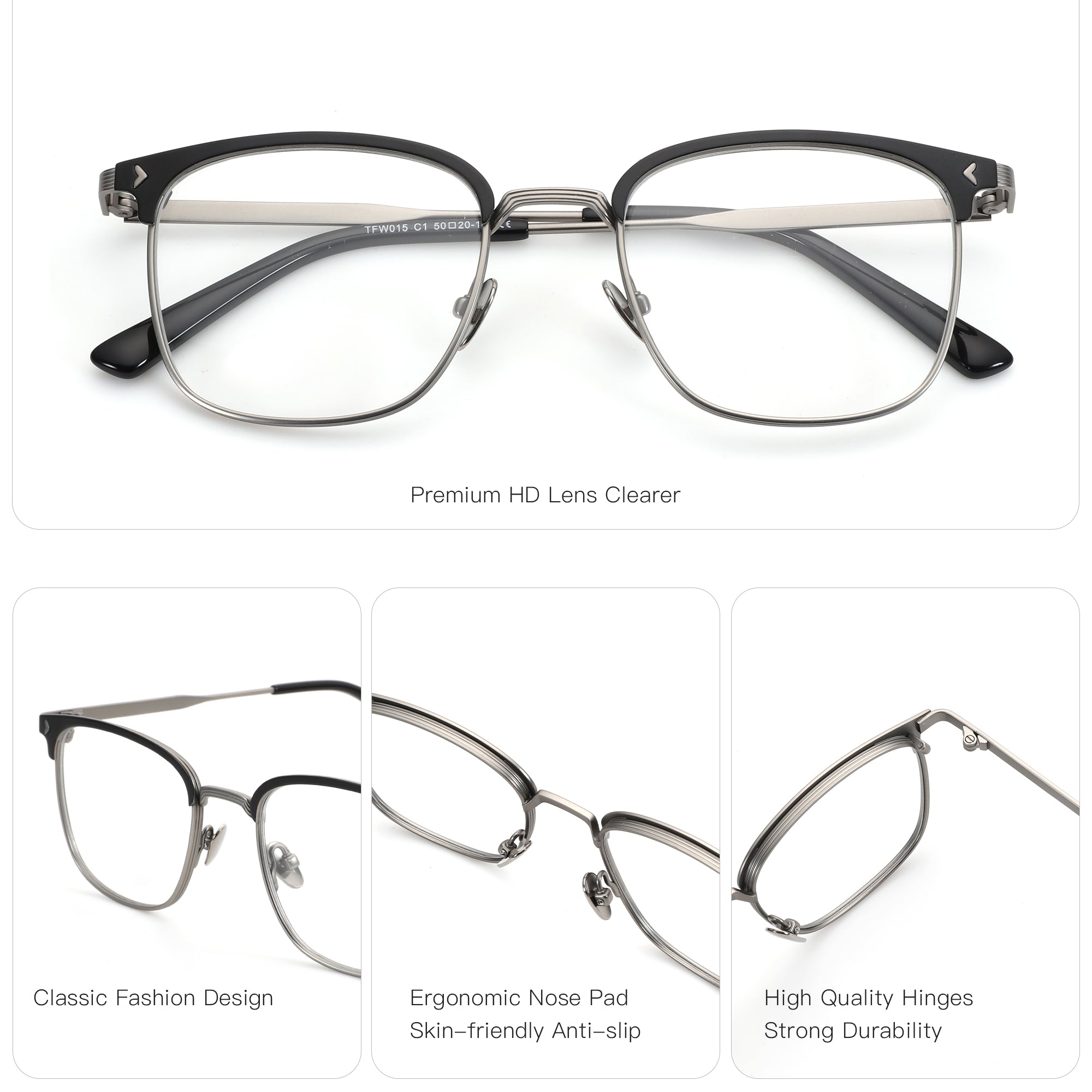 Zenottic Quetzal eyeglasses with black upper frame, silver B-Titanium frame, ergonomic nose pads, and durable hinges.