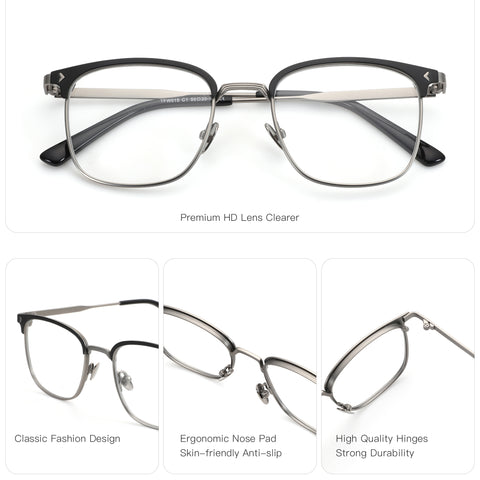 Zenottic Quetzal eyeglasses with black upper frame, silver B-Titanium frame, ergonomic nose pads, and durable hinges.