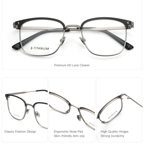 Zenottic Quetzal eyeglasses with black upper frame, silver B-Titanium frame, ergonomic nose pads, and durable hinges.