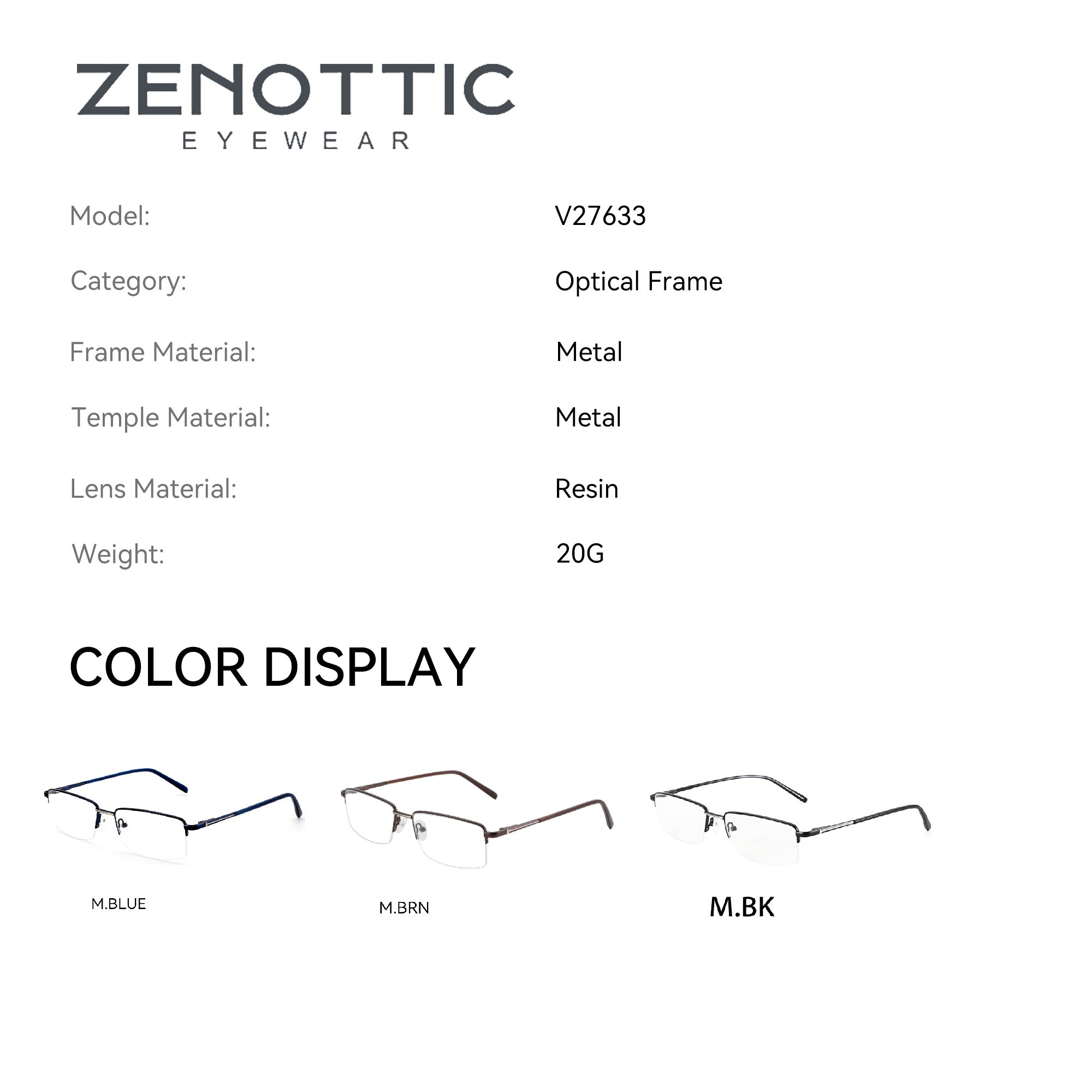 Zenottic V27633 Eyeglasses, Metal Frame, Resin Lens, Available in M.Blue ,M.BRN and M.BK, optical frame for men