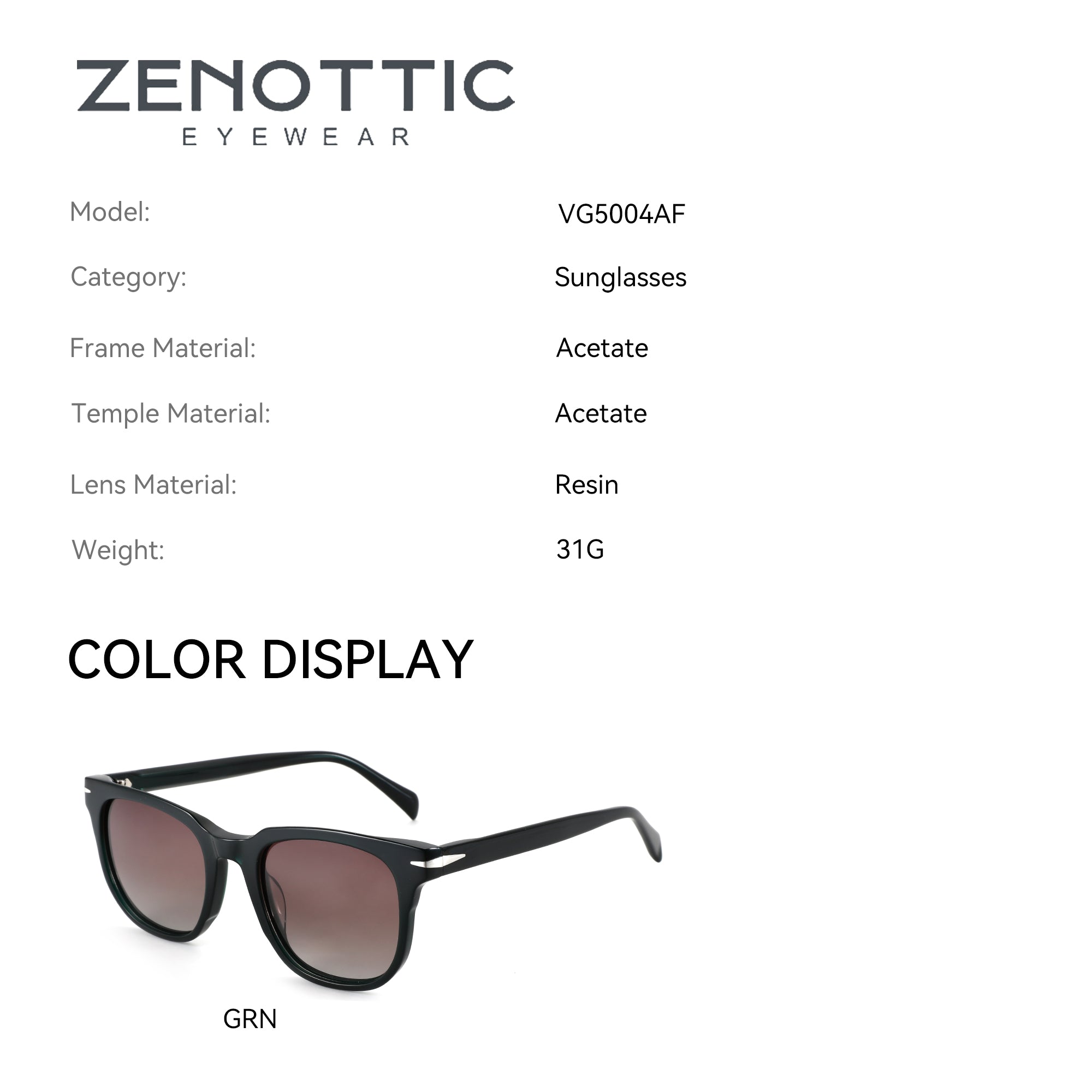 Zenottic Zander sunglasses in GRN, featuring acetate frame, resin lenses, and UV400 protection.