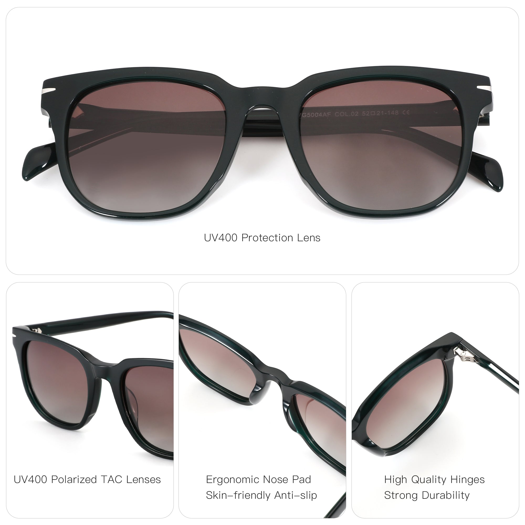 Zenottic Zander square sunglasses: dark green acetate, gradient UV400 polarized lenses, ergonomic nose pads, durable hinges.