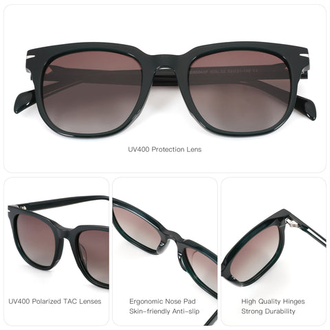 Zenottic Zander square sunglasses: dark green acetate, gradient UV400 polarized lenses, ergonomic nose pads, durable hinges.