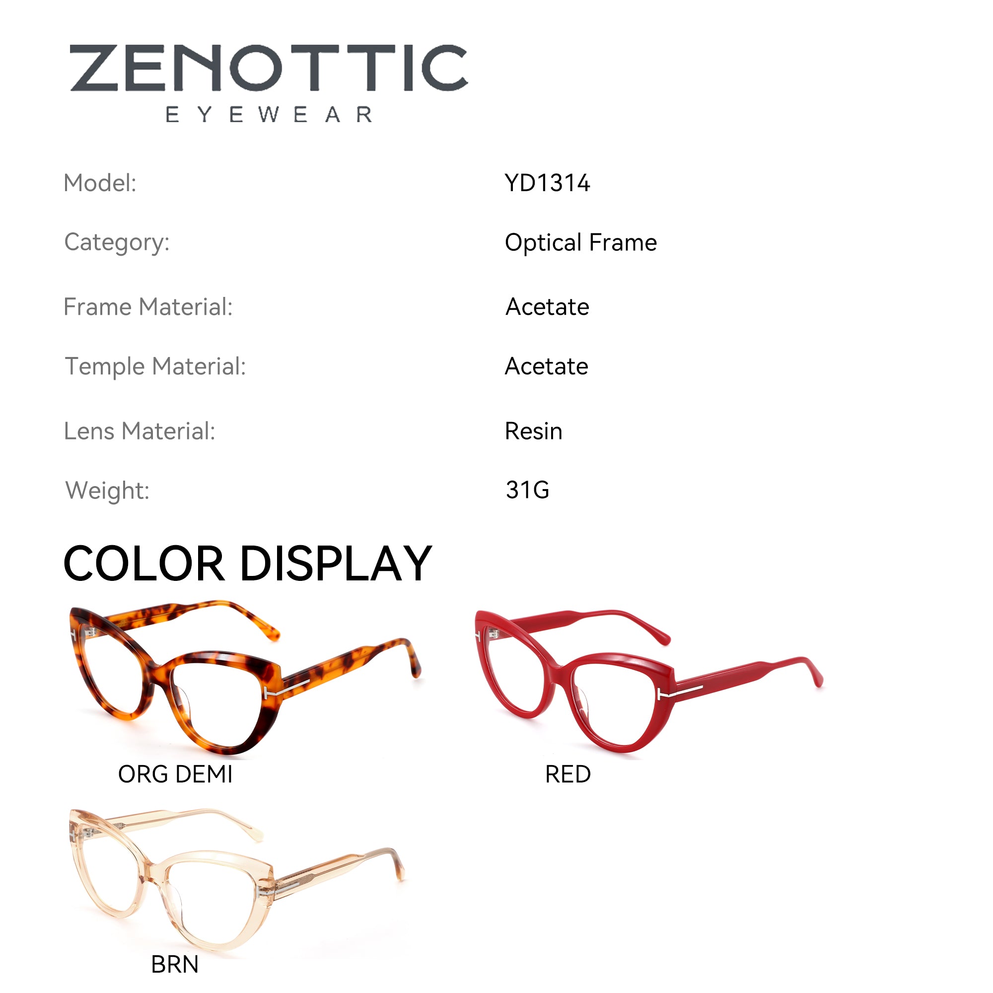 Zenottic YD1314 acetate eyeglasses, optical frame, available in Org Demi, Red, and BRN colors.