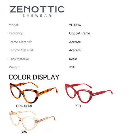 Zenottic YD1314 acetate eyeglasses, optical frame, available in Org Demi, Red, and BRN colors.