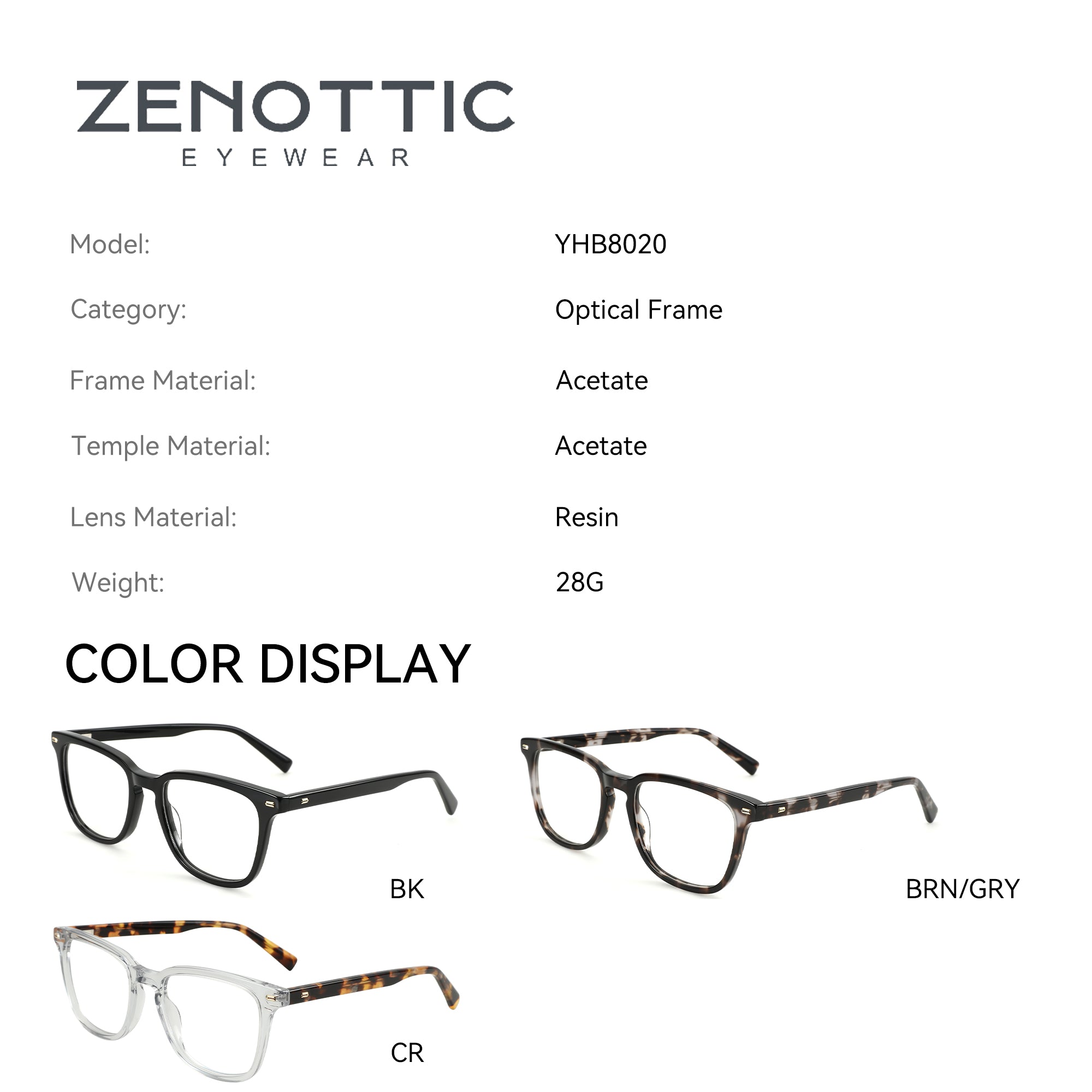 Zenottic Parker Eyeglasses YHA8020, Acetate frame, Resin lenses, available in Black, Brown/Grey, and Clear