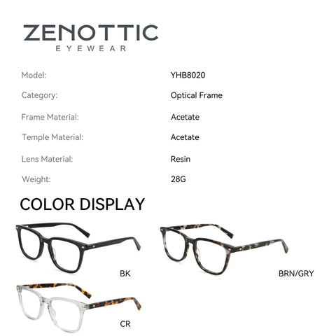 Zenottic Parker Eyeglasses YHA8020, Acetate frame, Resin lenses, available in Black, Brown/Grey, and Clear