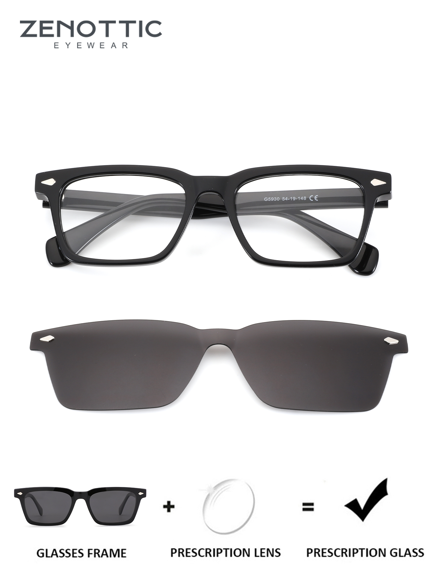 Zenottic George black acetate square frame with clip-on sunglasses