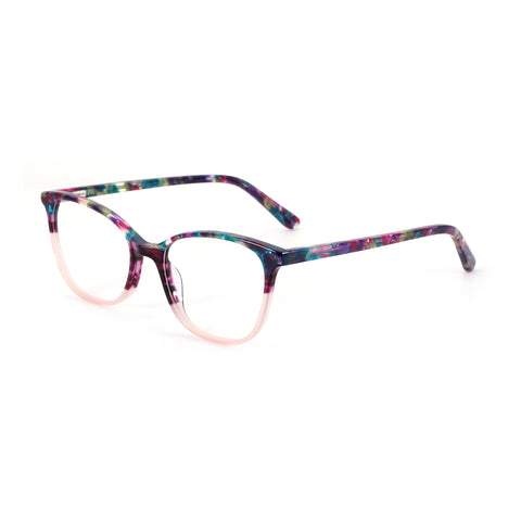 ZENOTTIC Eyewear Okeah round acetate glasses with multicolor marble pattern and pink gradient front.
