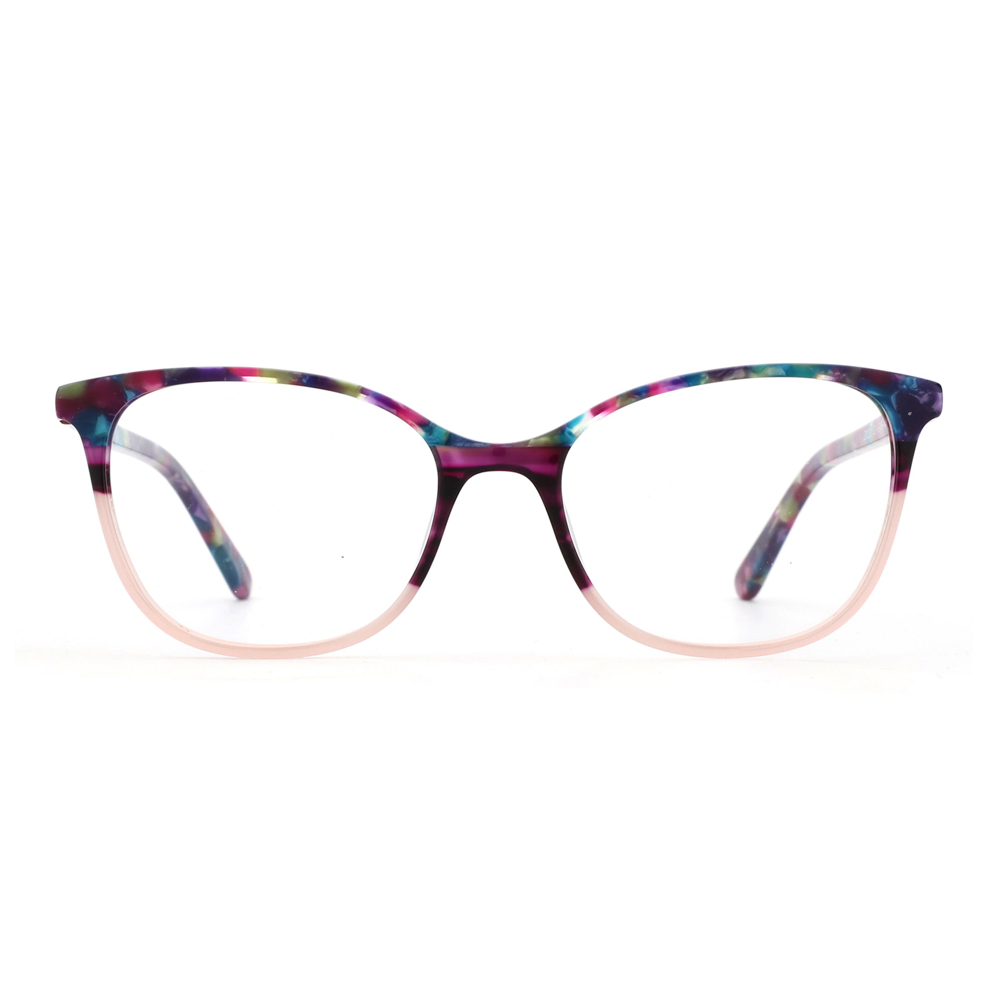 ZENOTTIC Eyewear Okeah round acetate glasses with multicolor marble pattern and pink gradient front.