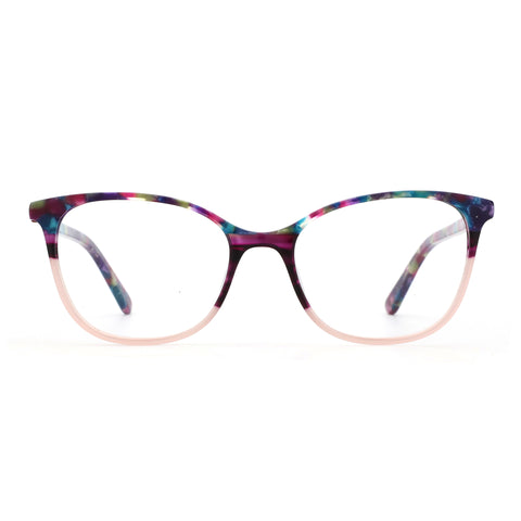 ZENOTTIC Eyewear Okeah round acetate glasses with multicolor marble pattern and pink gradient front.