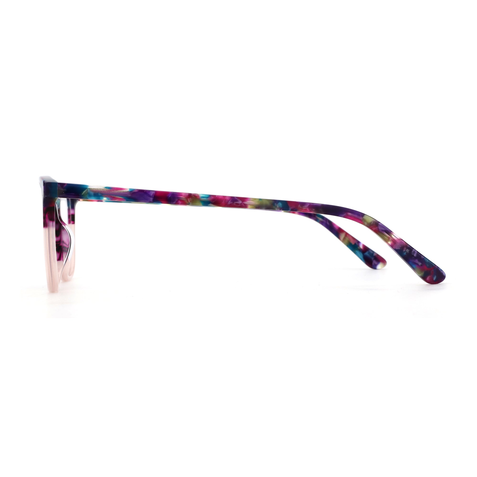 ZENOTTIC Okeah round frame glasses in colorful marbled acetate.
