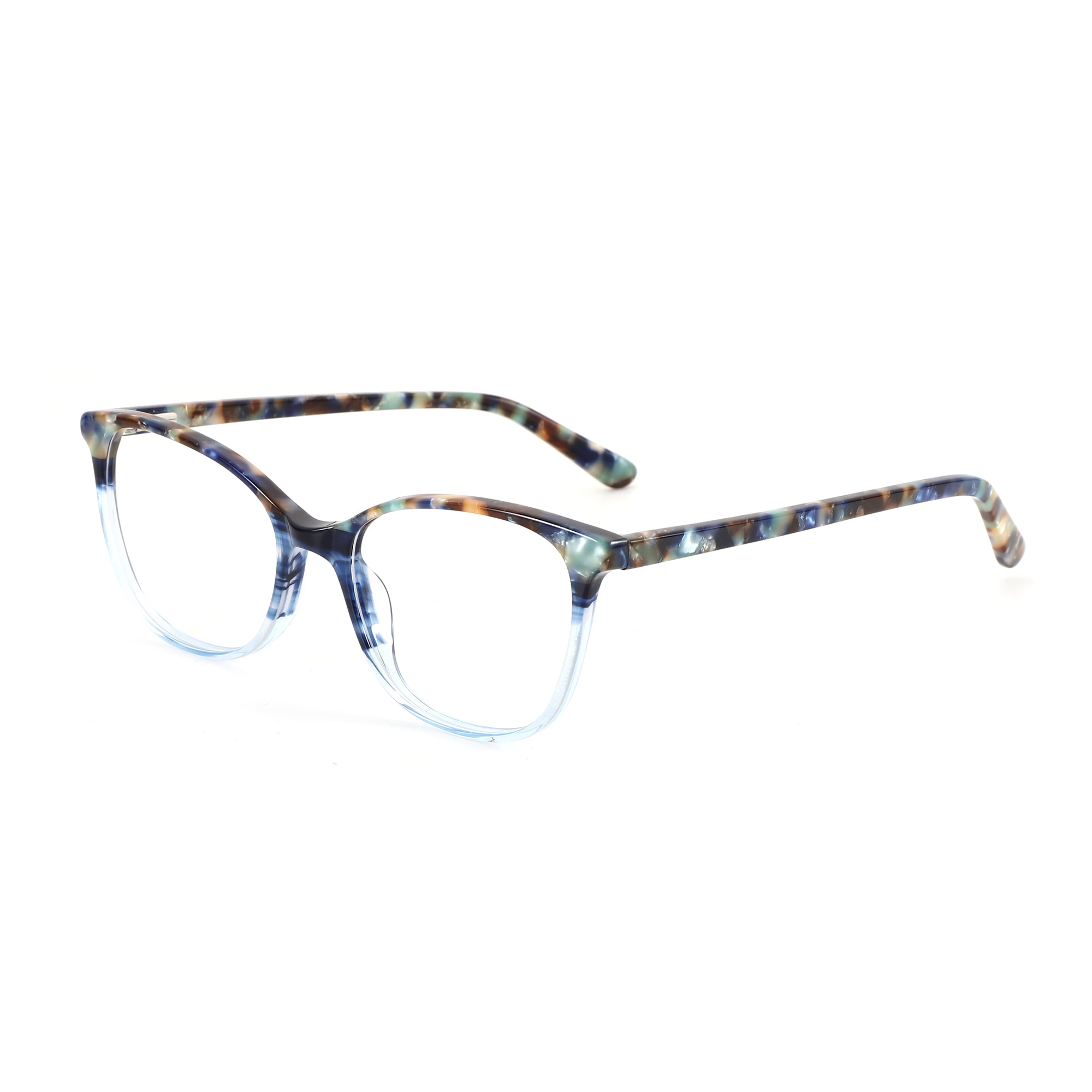 ZENOTTIC Okeah eyeglasses: acetate round frame with blue, brown, green marbled pattern and clear lenses.