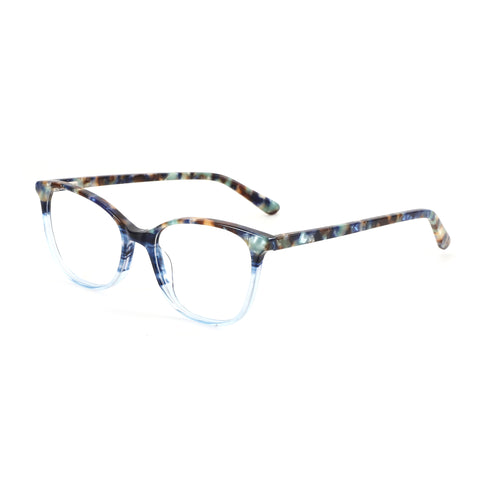 ZENOTTIC Okeah eyeglasses: acetate round frame with blue, brown, green marbled pattern and clear lenses.