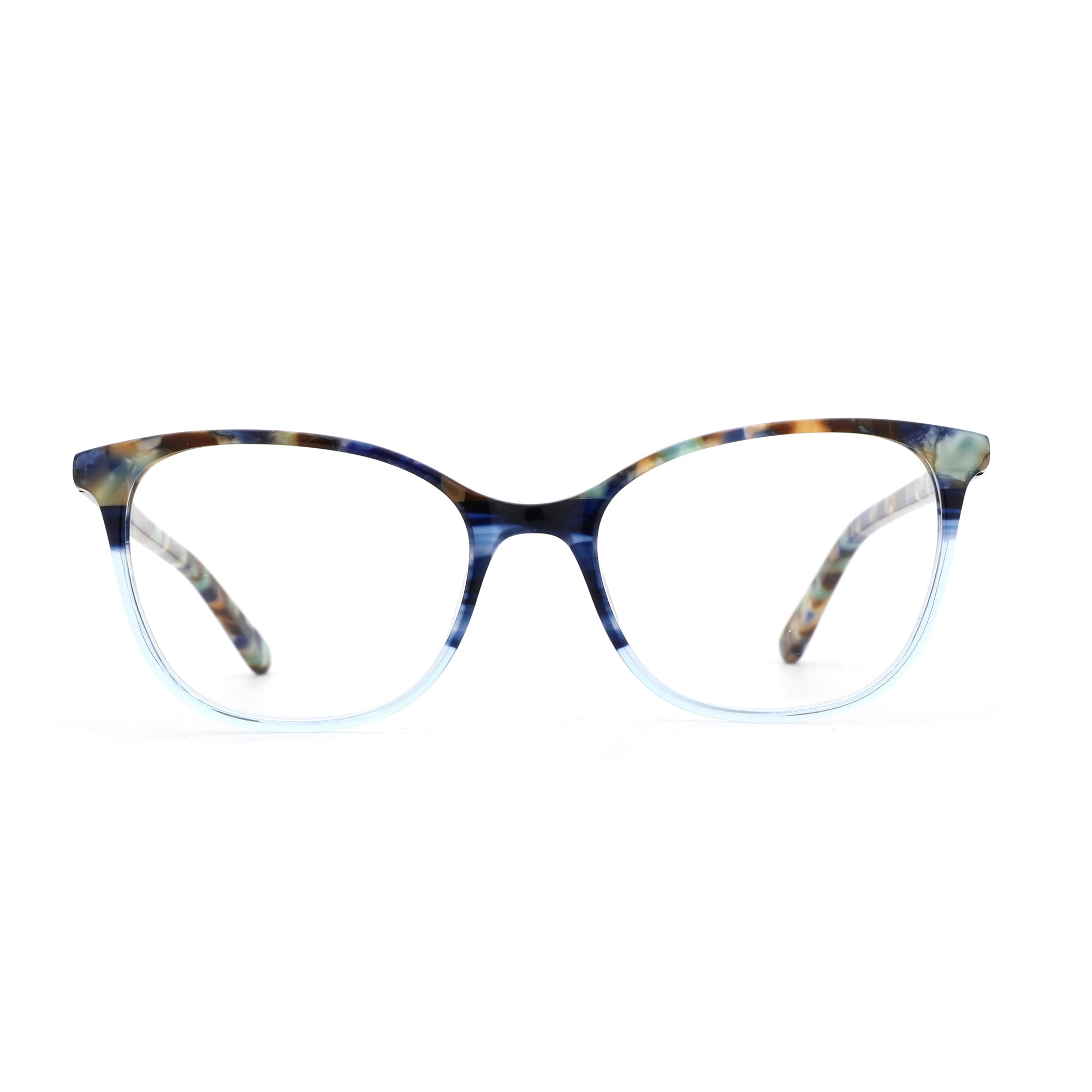ZENOTTIC Okeah eyeglasses with marbled acetate round frame and light blue gradient detail.