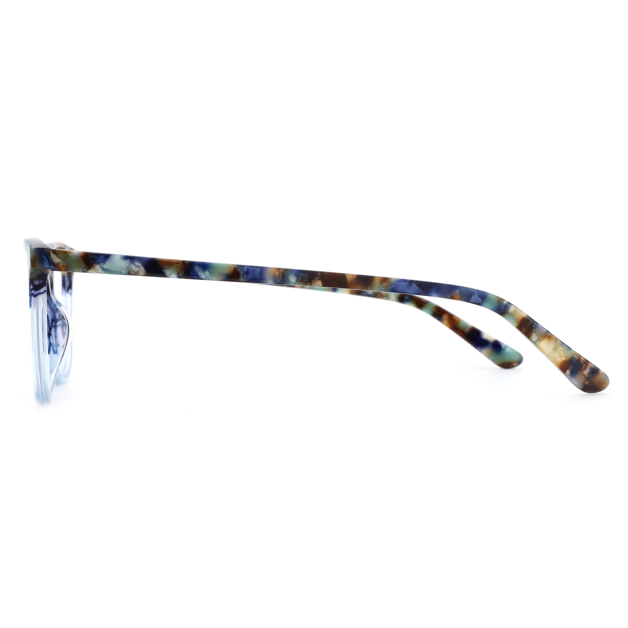ZENOTTIC Okeah eyeglasses: round acetate frame with blue tortoiseshell marbled pattern.