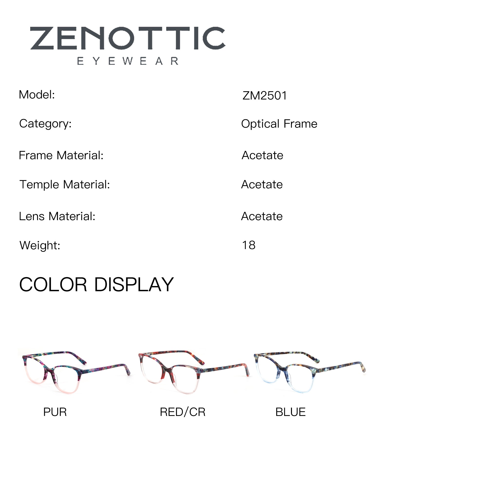 ZENOTTIC Okeah ZM2501 round acetate eyeglasses in PUR, RED/CR, BLUE colors.