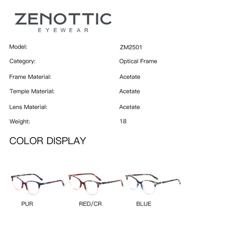 ZENOTTIC Okeah ZM2501 round acetate eyeglasses in PUR, RED/CR, BLUE colors.