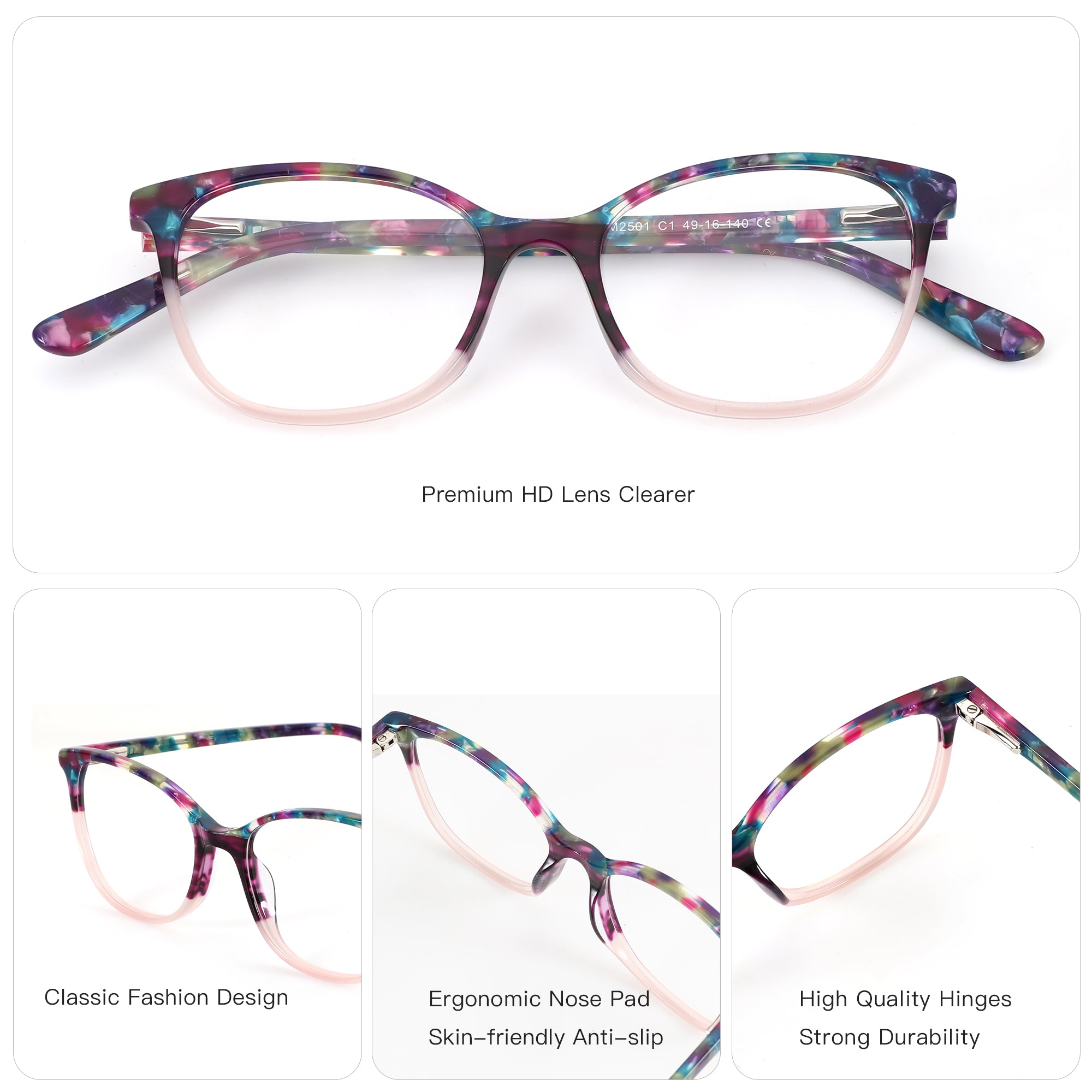 ZENOTTIC Okeah round acetate eyeglasses, marbled multicolor frame with pink gradient.