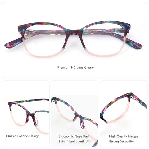 ZENOTTIC Okeah round acetate eyeglasses, marbled multicolor frame with pink gradient.