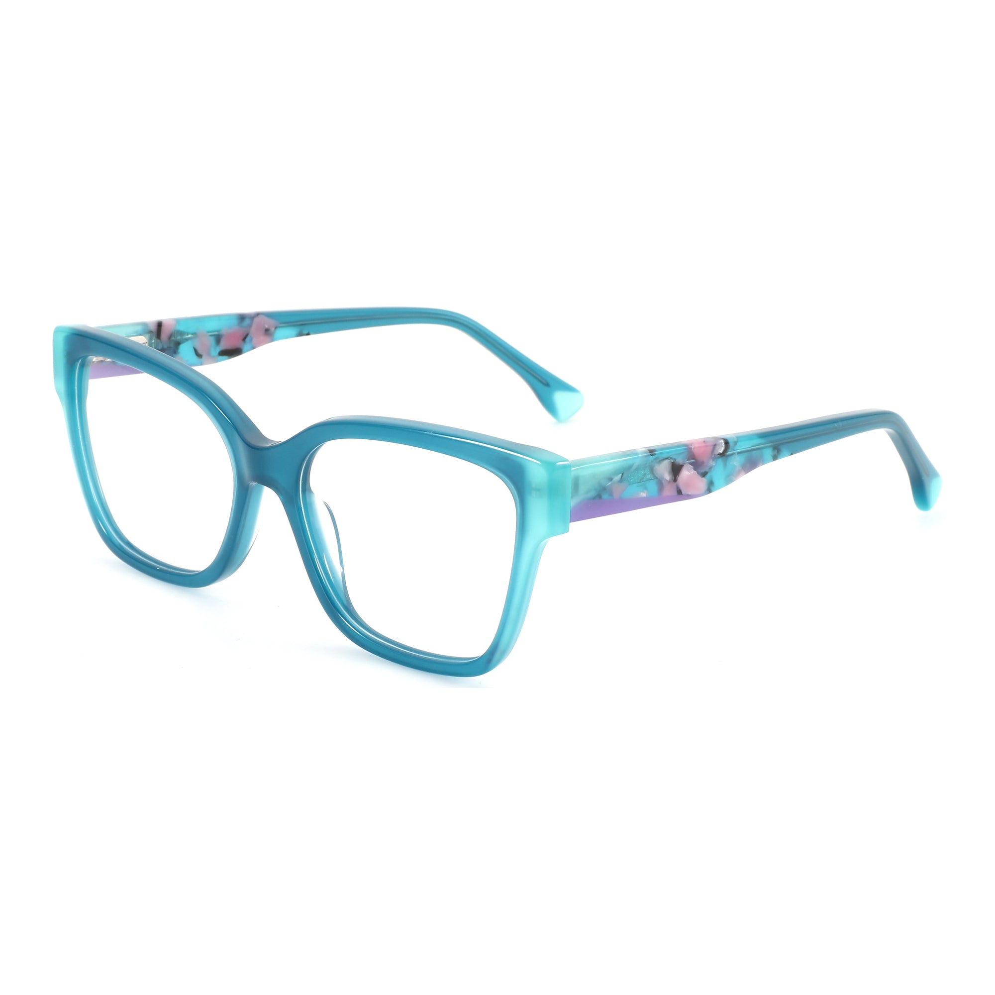 ZENOTTIC Crush turquoise acetate square eyeglasses with pink and purple temple inlay.